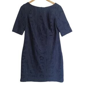 Adrianna Papell Dress Size 8 Navy Blue Lace Overlay Sheath Elbow Sleeves NEW